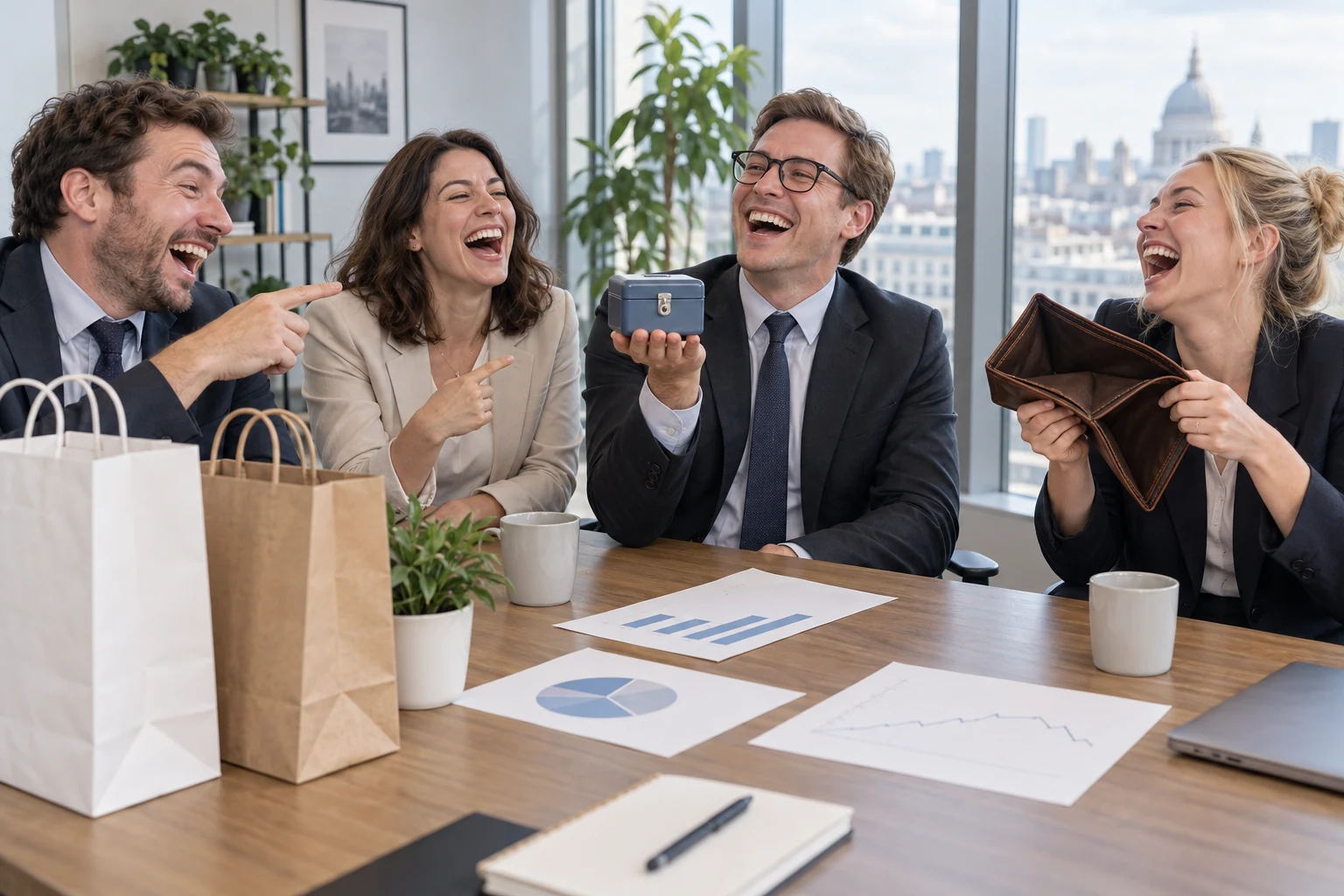 Four adult office workers laugh around a locked savings box, empty wallet and shopping bags during a UK economic growth discussion.