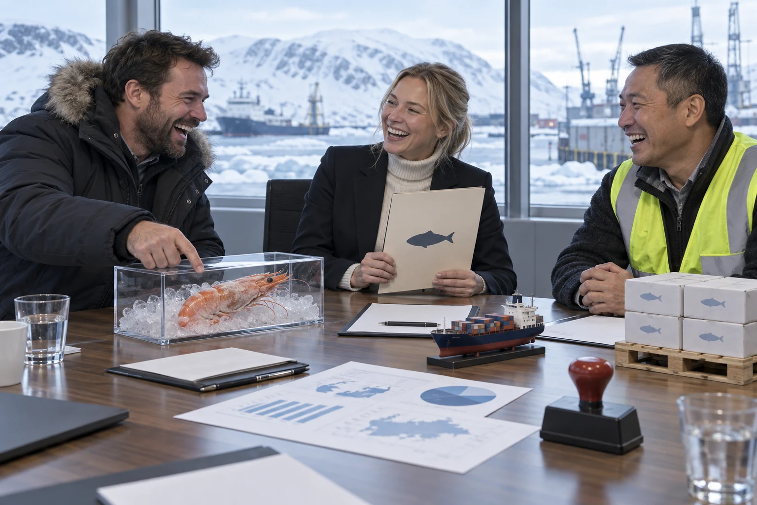 Three adult trade negotiators laugh beside a frozen prawn, fish marked folders and an Arctic harbour during UK Greenland trade talks.
