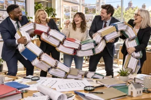 Five adult property professionals and a first time buyer laugh around a giant chain of homebuying paperwork.