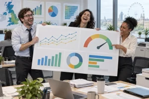 Three adult workplace data analysts laugh around a large dashboard of charts in a government office.