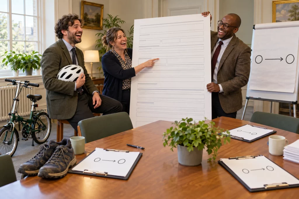 Three adult grant applicants laugh beside a bicycle, walking shoes and a giant blank evaluation form.