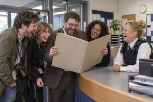 Five fictional adults laugh over a giant blank folder at a police reception desk.
