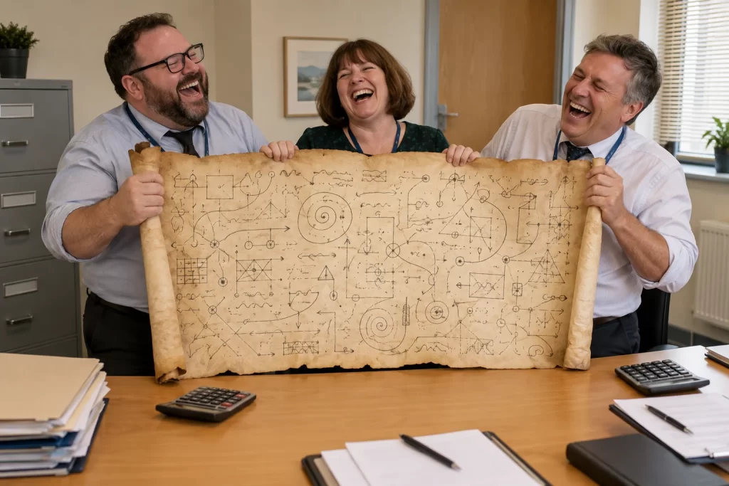 Three fictional health administrators laugh at a giant old formula in a surgery office.