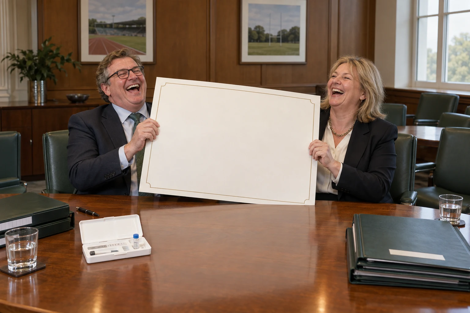 Two fictional sports directors laugh over a giant blank appointment document.