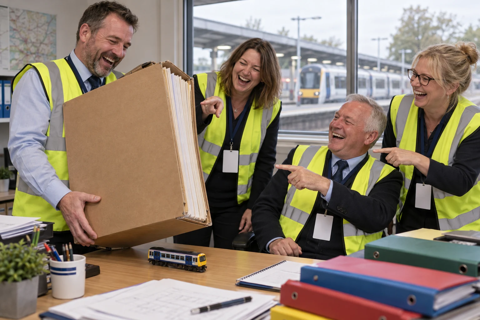 Five fictional railway administrators laugh around a huge blank transfer folder in a station office.