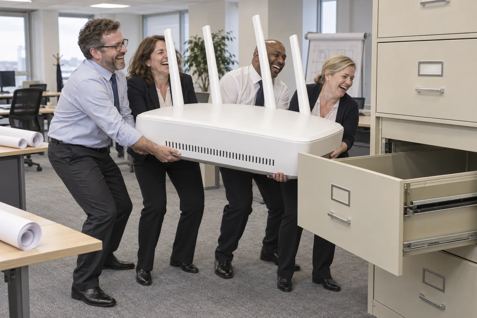 Building Digital UK integration shown as four fictional civil servants laughing while carrying an oversized Wi Fi router into a filing cabinet.
