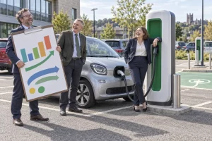 Three fictional transport administrators laugh beside a small electric car and a charging point while one holds a chart with coloured arrows.