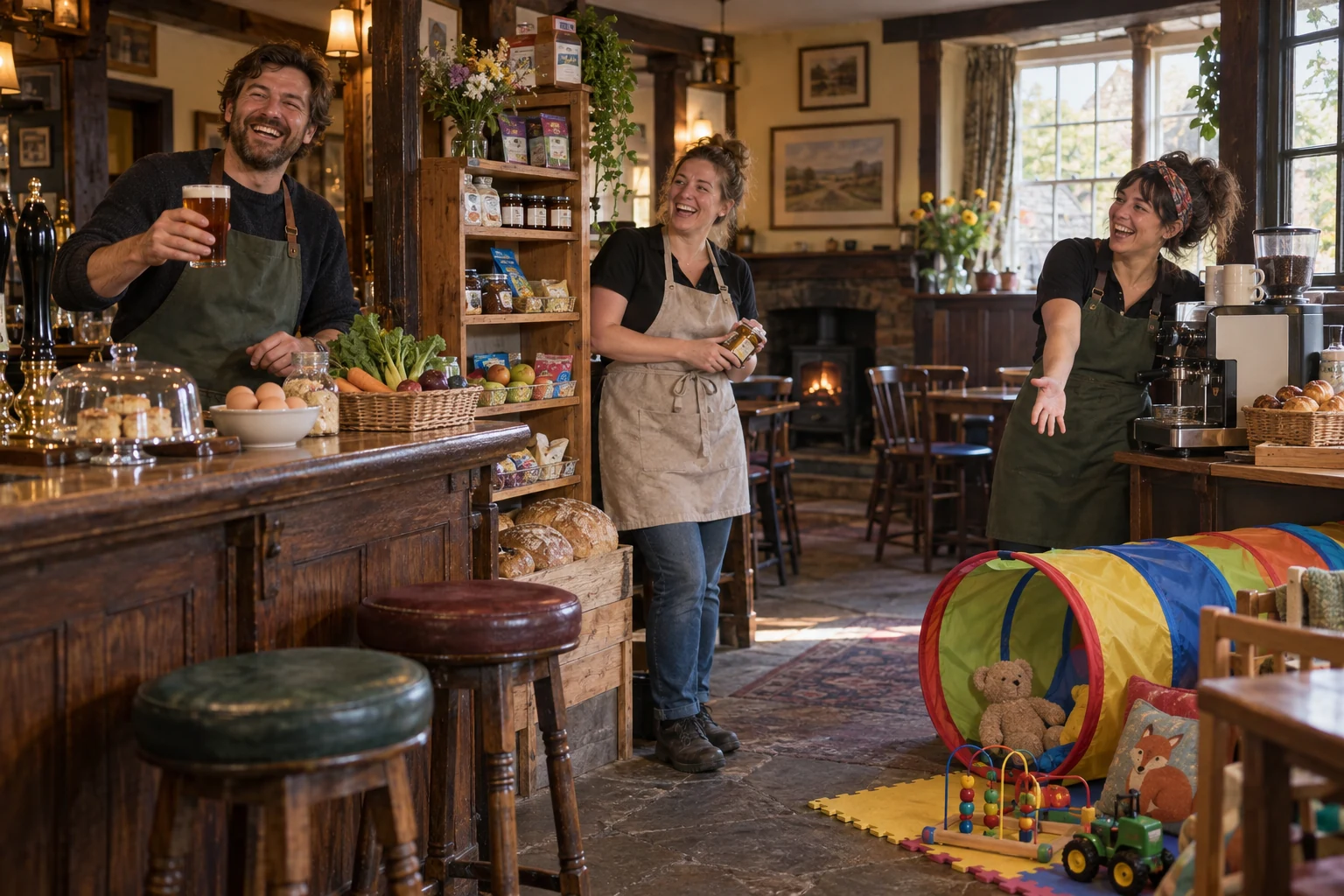 Three fictional pub workers laugh beside a coffee machine, shop shelf and soft play tunnel in a rural pub.