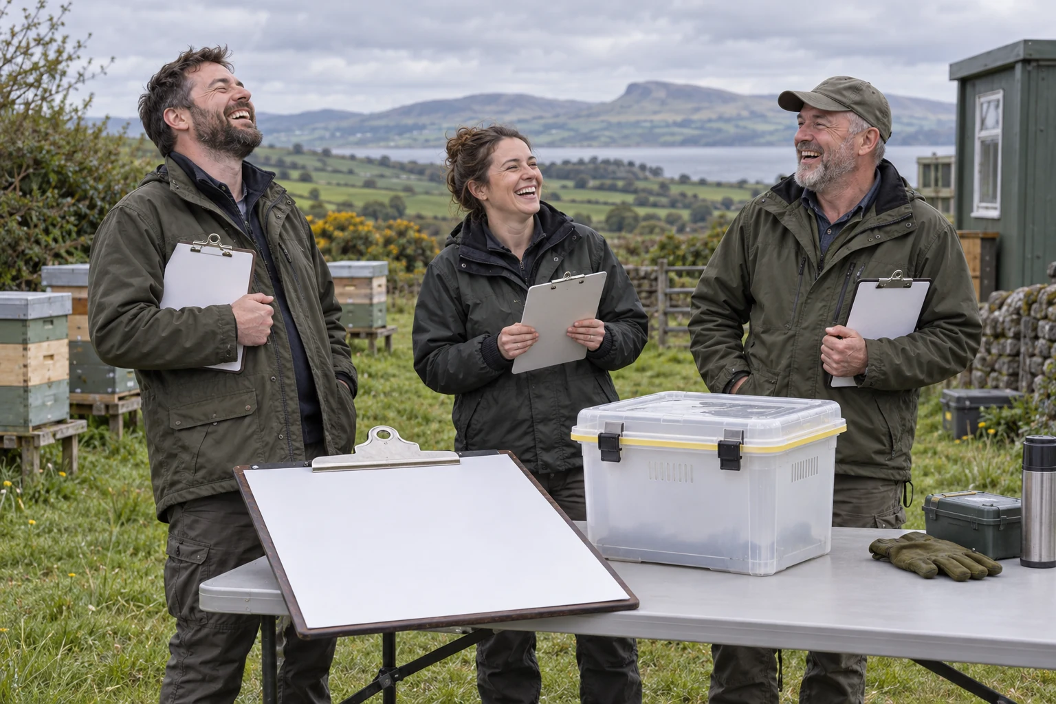 Three fictional biosecurity officials laugh beside a sealed container and blank clipboards at a rural monitoring station.