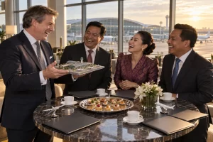 Four laughing fictional trade delegates inspect a miniature airport during a Cambodia trade mission
