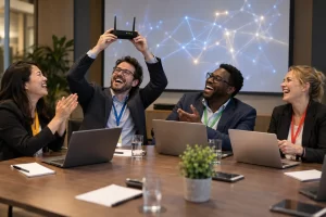 Four laughing fictional technology delegates celebrate a wireless router at an international AI meeting