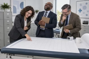Three laughing fictional medical regulators inspect an oversized blank spreadsheet beside a medical device