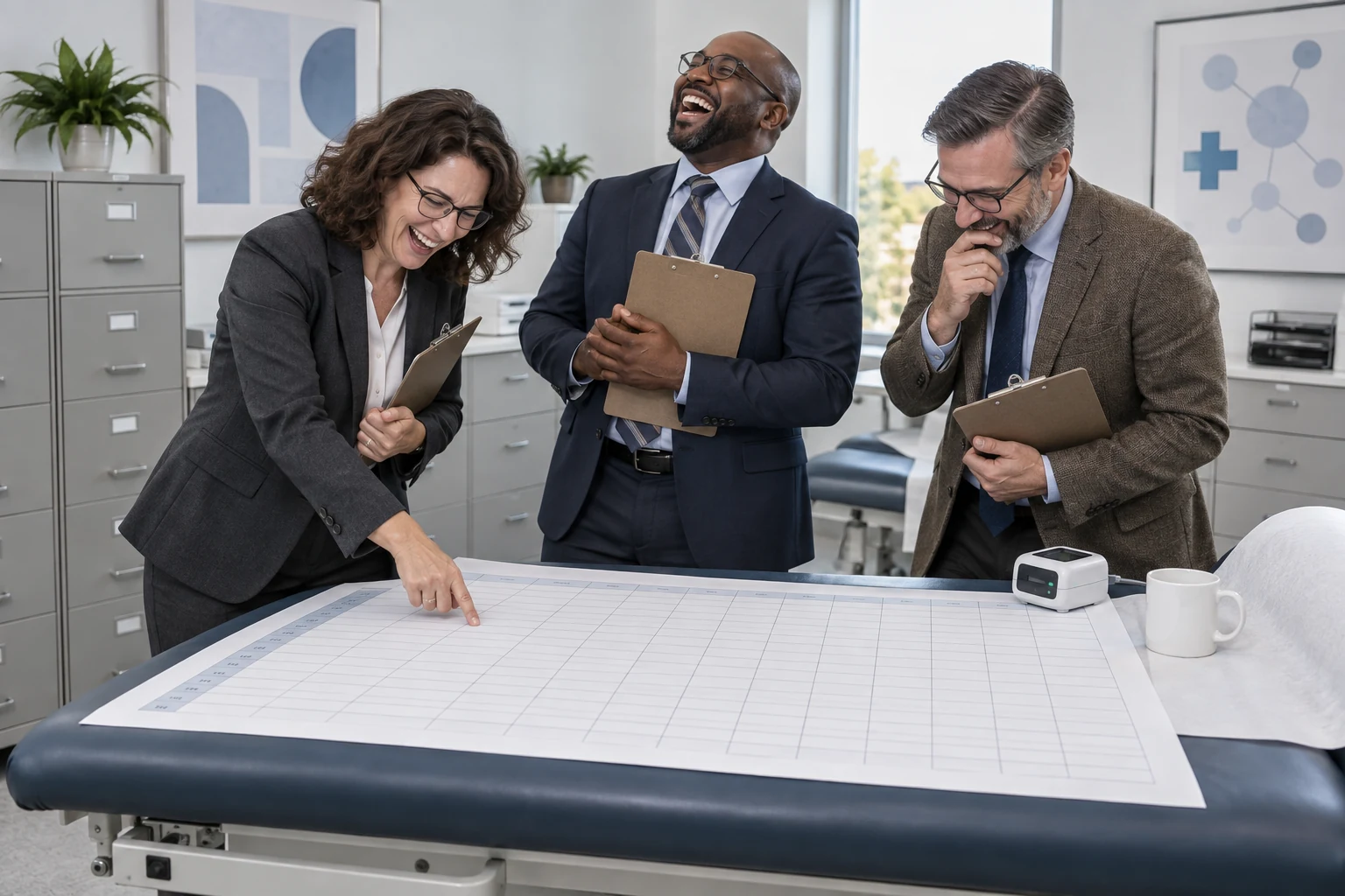 Three laughing fictional medical regulators inspect an oversized blank spreadsheet beside a medical device