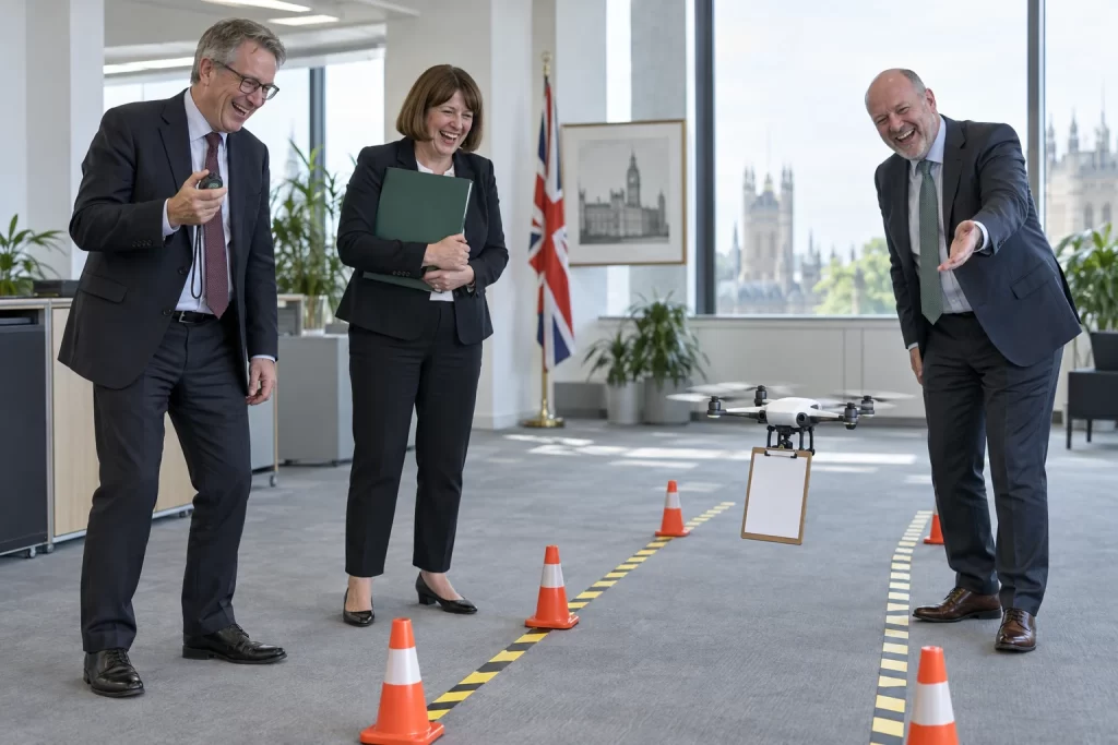 Three laughing fictional innovation officials watch a delivery drone carry a blank clipboard through an office lane