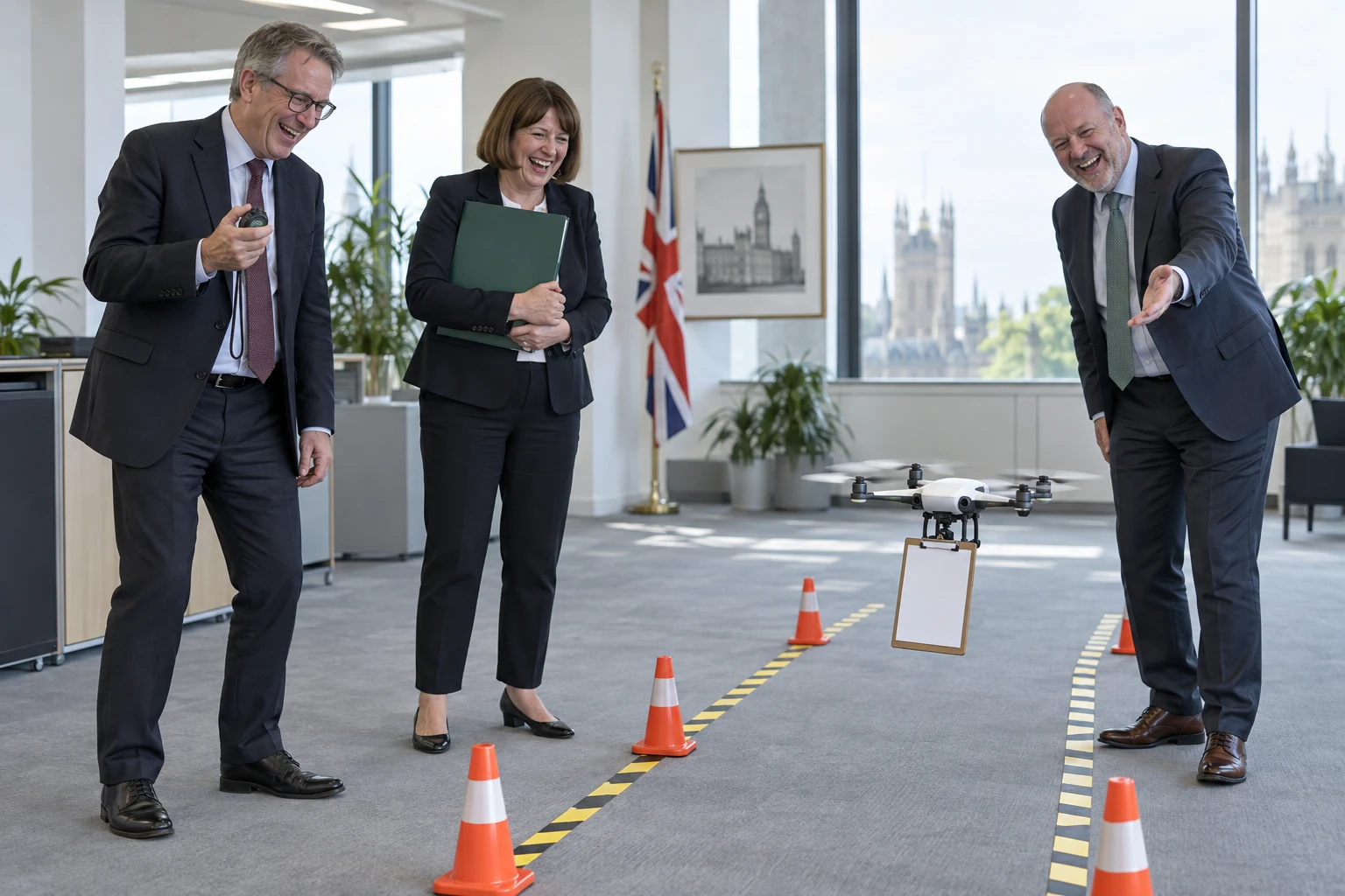 Three laughing fictional innovation officials watch a delivery drone carry a blank clipboard through an office lane