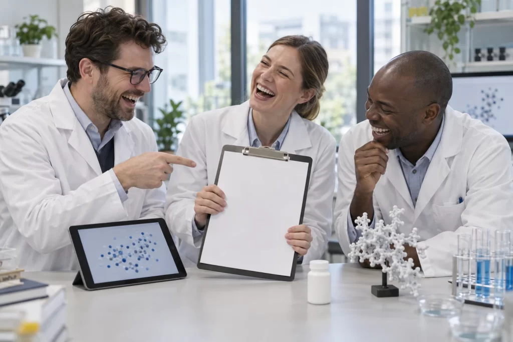 Three laughing fictional medical researchers hold a blank clipboard beside a medicine research tablet