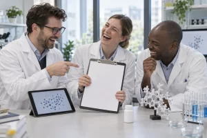Three laughing fictional medical researchers hold a blank clipboard beside a medicine research tablet