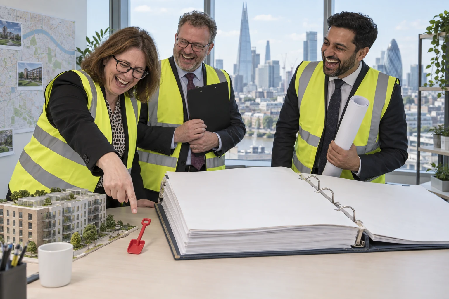 Three laughing fictional planning officials in high visibility jackets inspect a blank development folder and model homes
