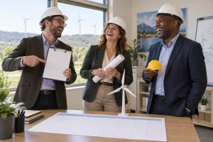 Three laughing fictional clean energy officials inspect a blank training schedule beside a model wind turbine