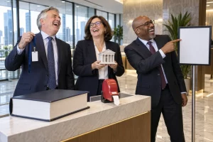 Three laughing fictional financial regulators stand beside a blank queue sign, lanyard and a rulebook
