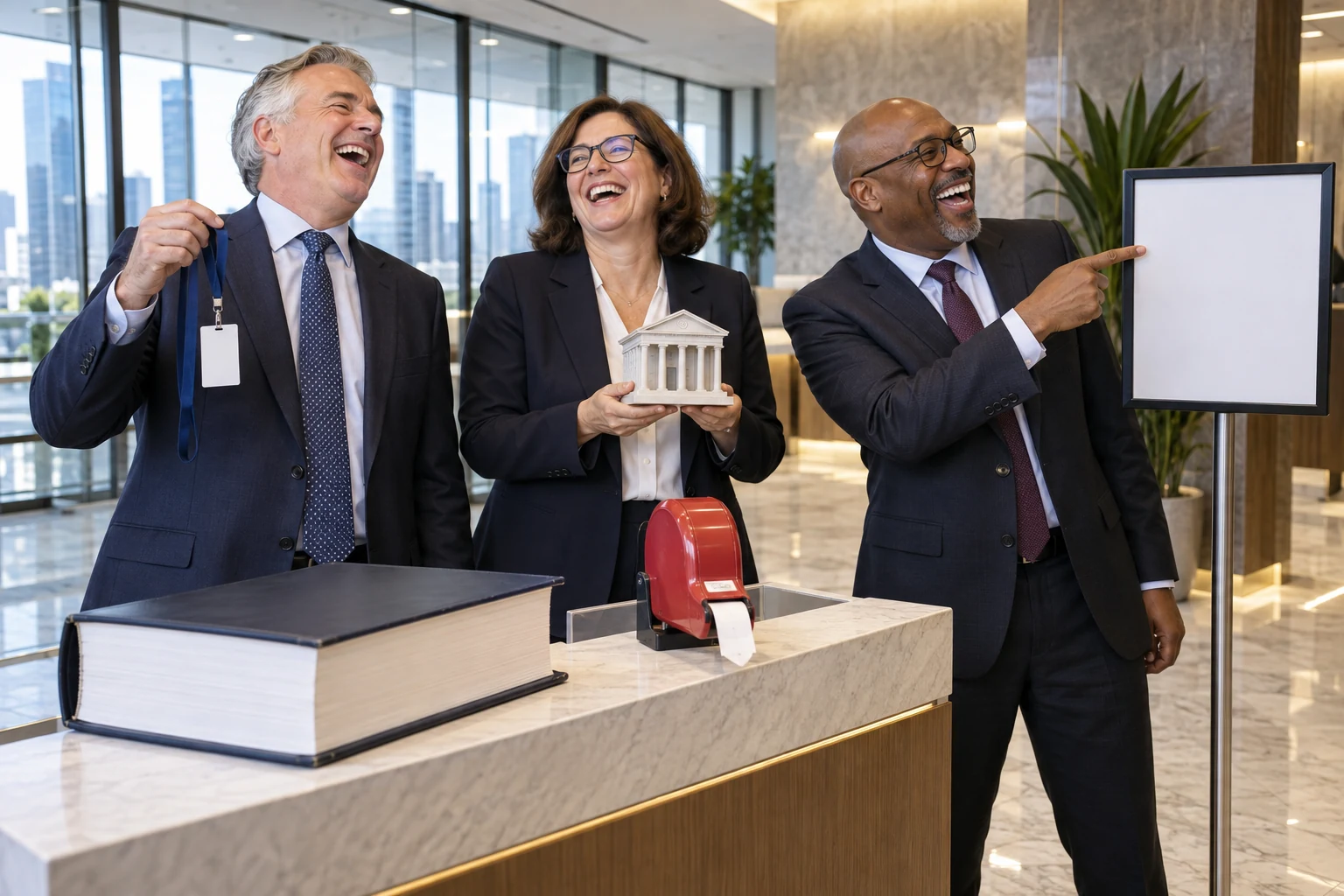 Three laughing fictional financial regulators stand beside a blank queue sign, lanyard and a rulebook
