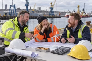 Three fictional adult energy planners laughing beside harbour cranes, blueprints and a small wind turbine model.