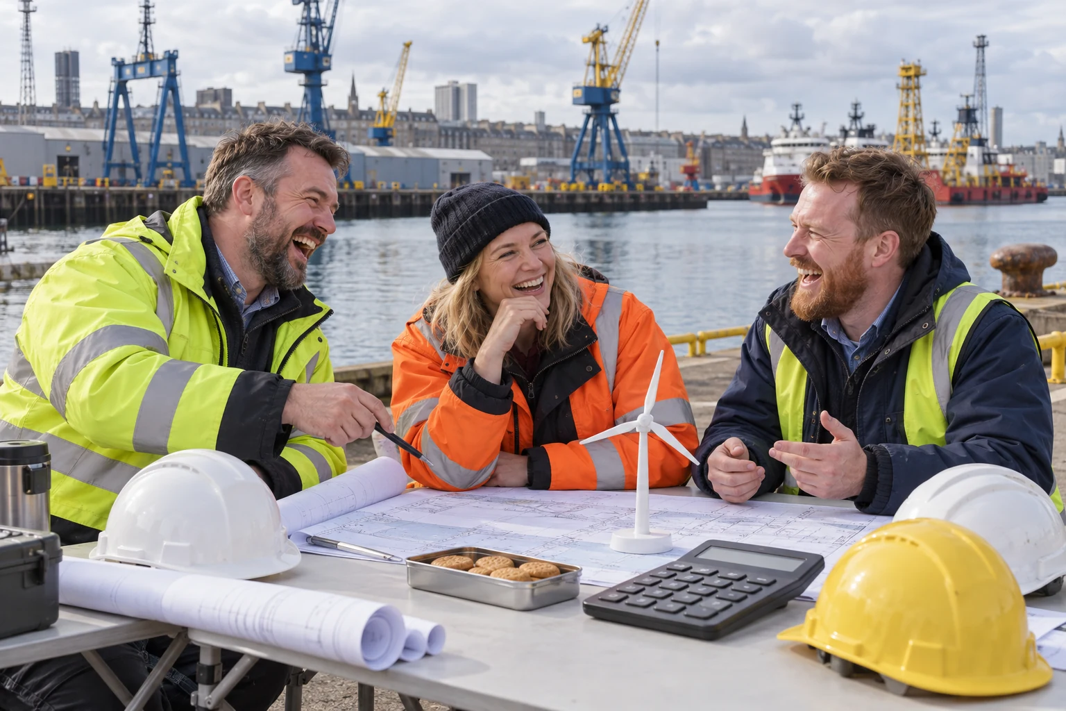 Three fictional adult energy planners laughing beside harbour cranes, blueprints and a small wind turbine model.