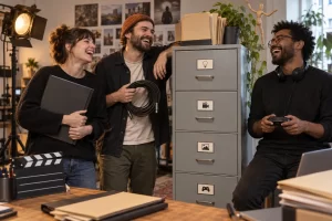 Three fictional adult creative workers laughing beside a filing cabinet and production equipment in an office.