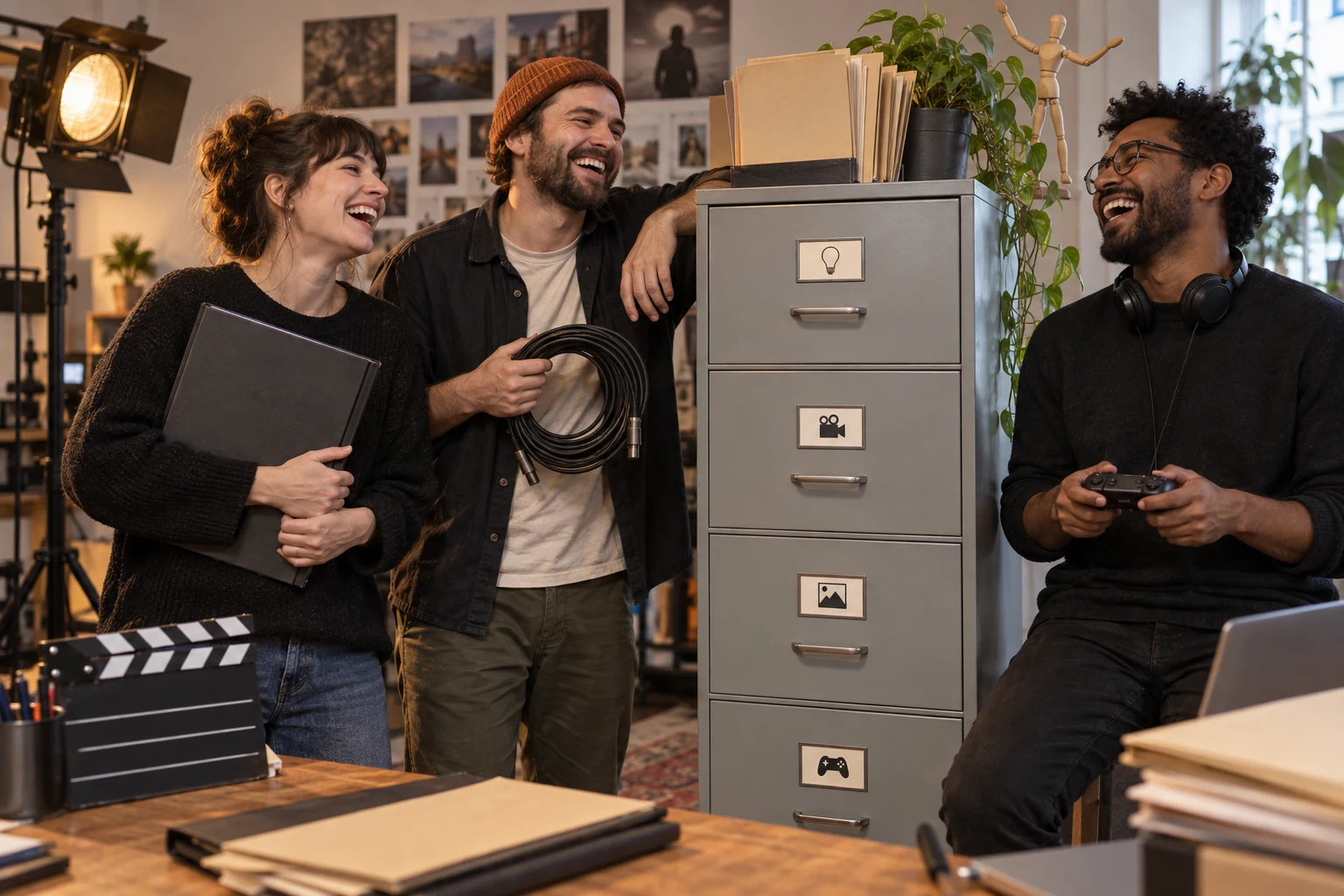 Three fictional adult creative workers laughing beside a filing cabinet and production equipment in an office.