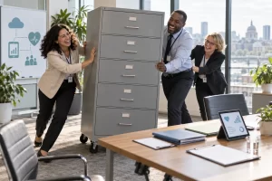 Three fictional adult healthcare policy workers laughing while wheeling a filing cabinet through a bright office.