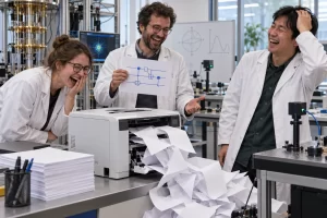 Three fictional quantum researchers laughing while a jammed office printer ejects tangled paper in a laboratory.