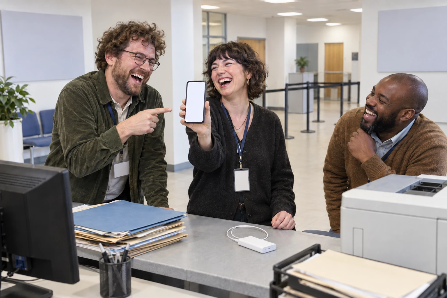 Three fictional office workers laugh as one holds a blank smartphone like an identity document.