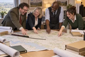 Four fictional adult railway planners laughing and pointing at different places on a large map beside a toy train.