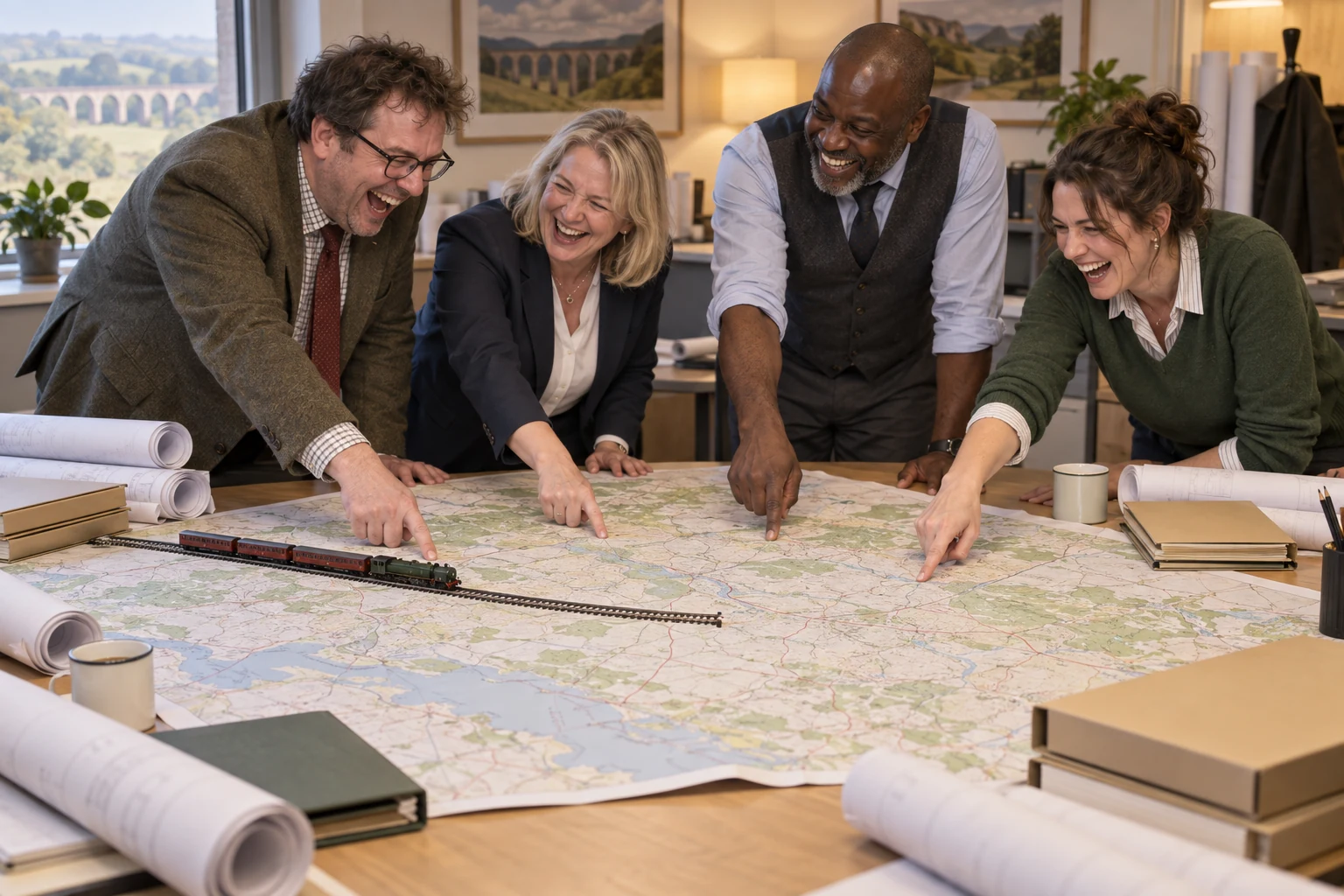Four fictional adult railway planners laughing and pointing at different places on a large map beside a toy train.