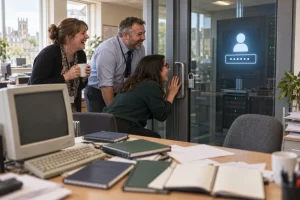 Three fictional adult council workers laughing beside a locked glass door that displays a simple login icon.