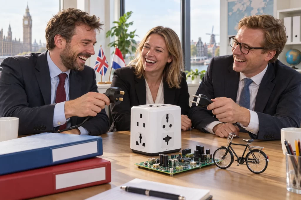 Three fictional technology policy workers laughing around a universal adaptor, circuit board and miniature bicycle.