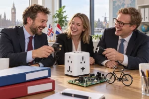 Three fictional technology policy workers laughing around a universal adaptor, circuit board and miniature bicycle.