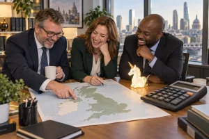 Three laughing investors with a map and a small unicorn ornament.