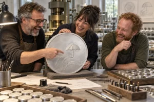 Three fictional coin designers laughing around an oversized umbrella coin relief in a mint workshop.
