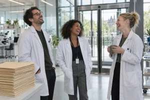 Three fictional adult health researchers laughing beside a secure glass entrance and a pile of blank folders.