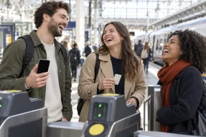 Three fictional adult rail passengers laughing beside a ticket barrier with a blank phone and a paper ticket.