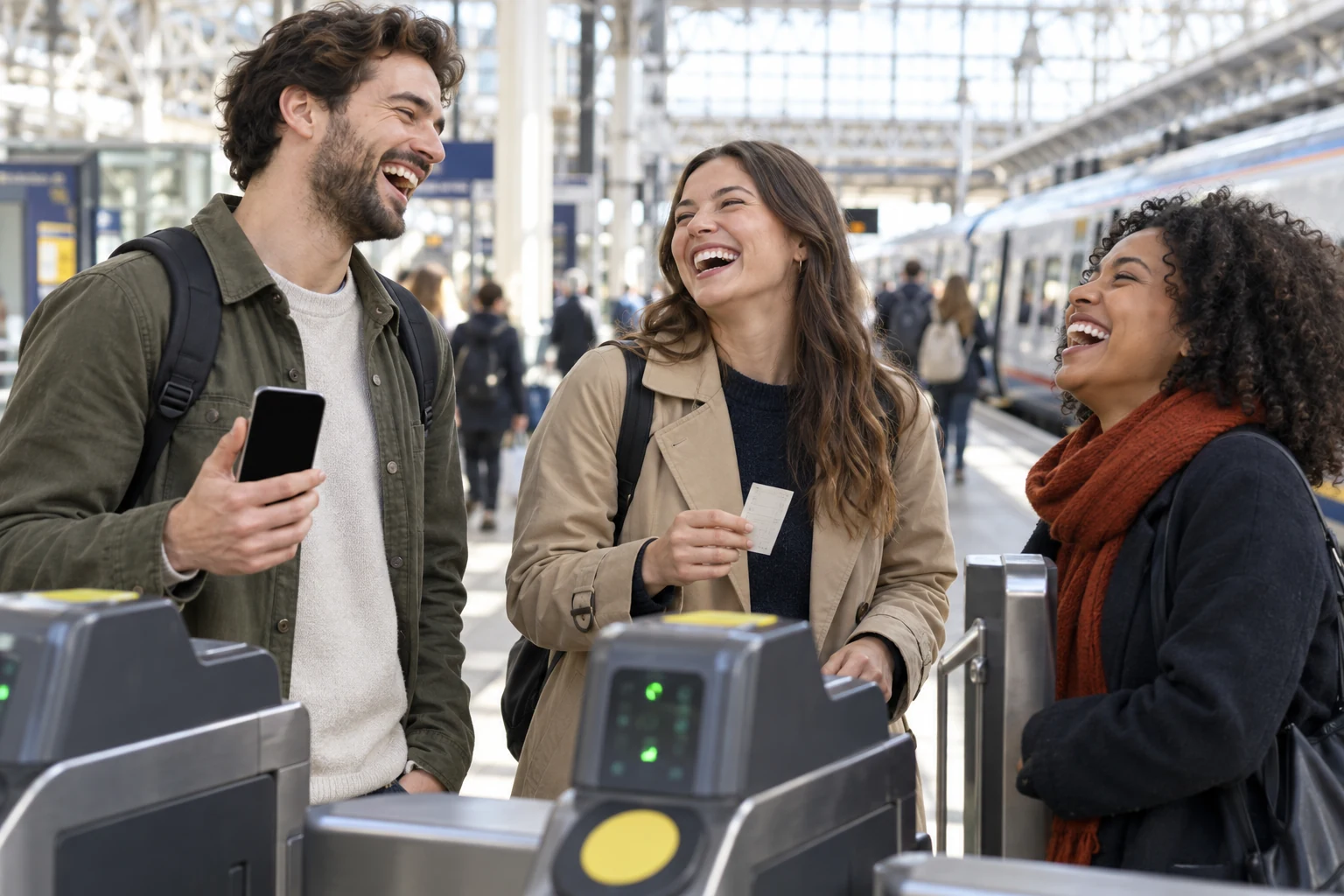 Three fictional adult rail passengers laughing beside a ticket barrier with a blank phone and a paper ticket.