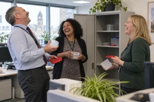 Three fictional adult council finance officers laughing beside an open cupboard with containers and lids.