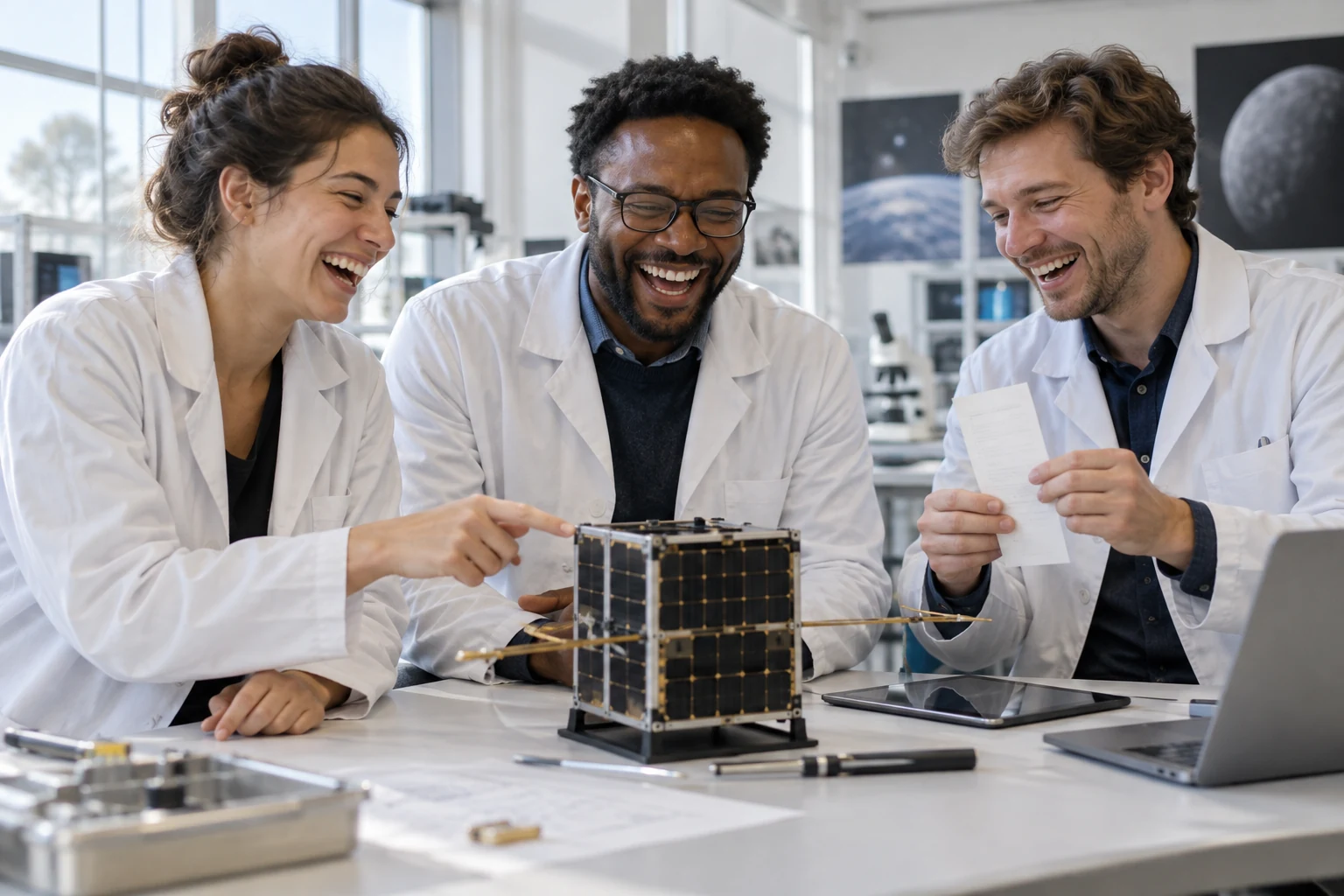 Three fictional adult space engineers laughing beside a small satellite model and a blank receipt.