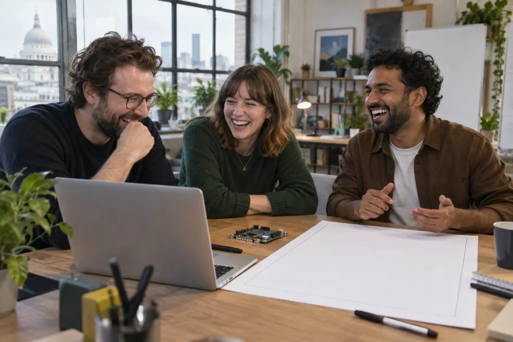 Three fictional adult technology founders laughing beside a laptop, circuit board and oversized blank form.
