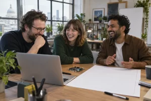 Three fictional adult technology founders laughing beside a laptop, circuit board and oversized blank form.