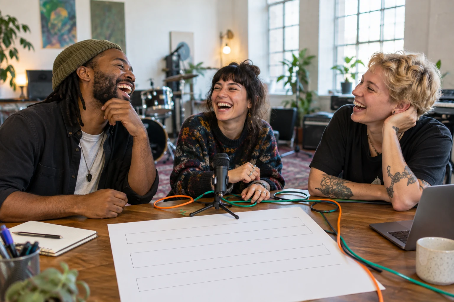 Three fictional adult creative workers laughing beside a microphone, colourful cables and a blank funding form.