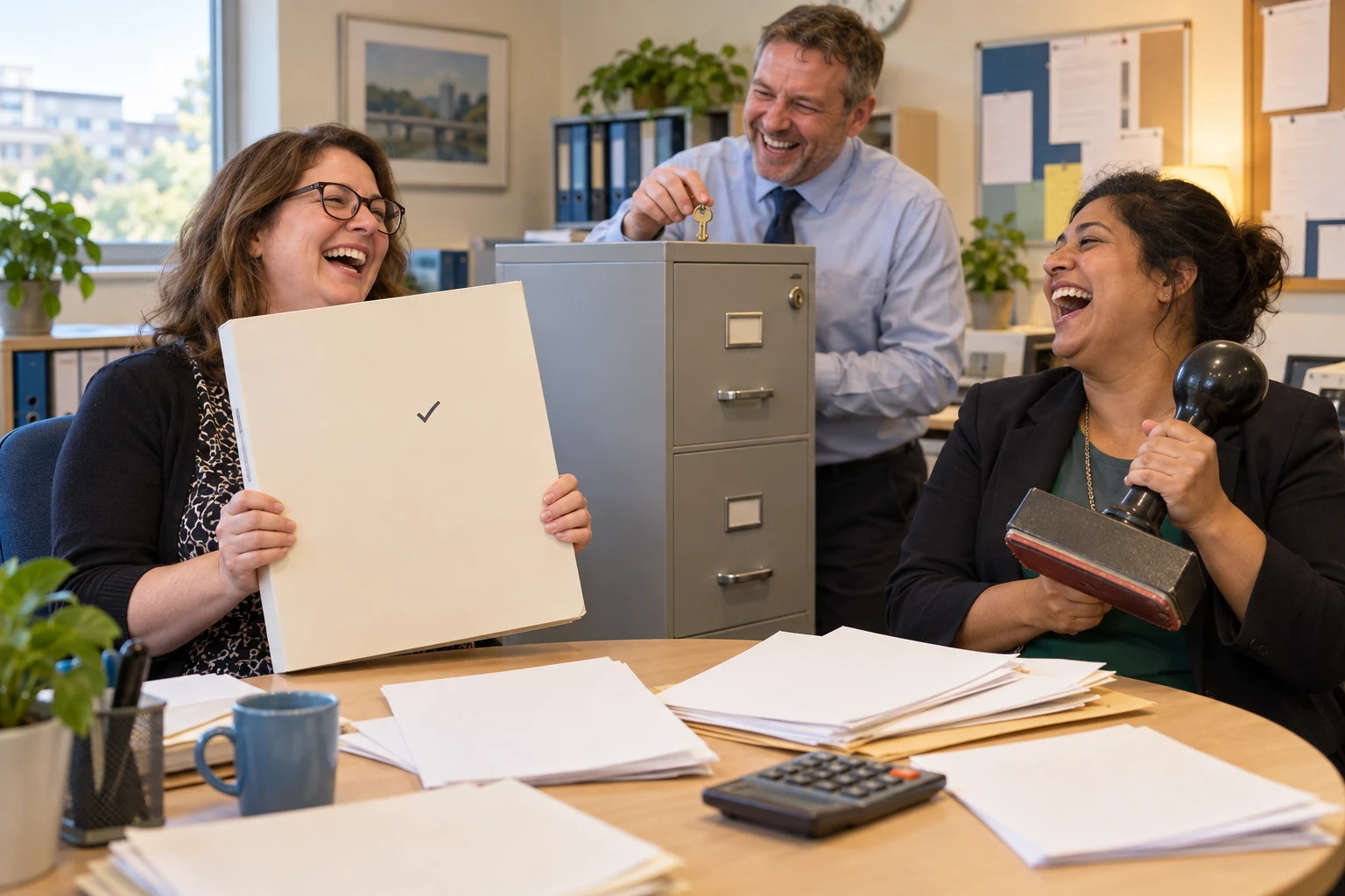 Three fictional adult NHS administrators laugh around a table as one holds a blank approval folder beside a tiny key and locked filing cabinet.