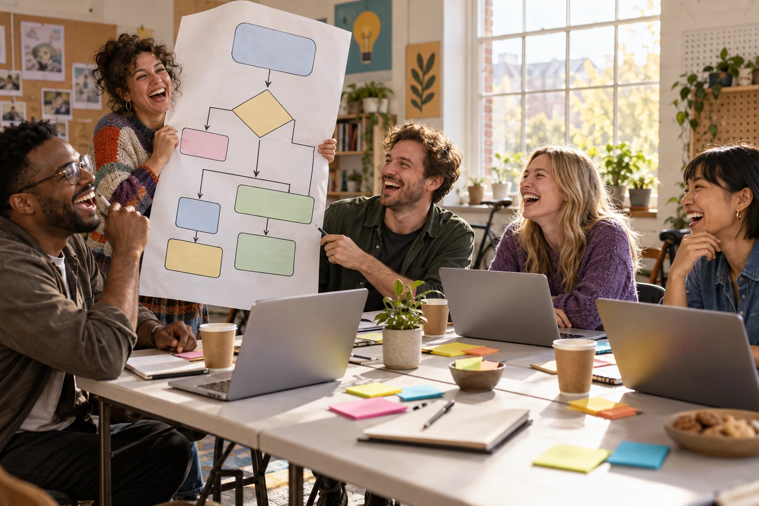 Five fictional adult technology founders laugh around a workshop table while one holds an oversized blank flowchart.