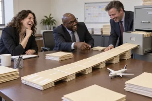 Three fictional transport officials laugh at an airport runway made from policy folders.